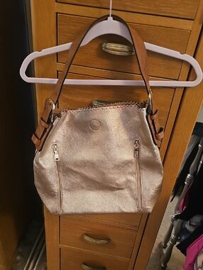 Metallic Rose Gold Concealed Carry Tote Bag with Brown Strap